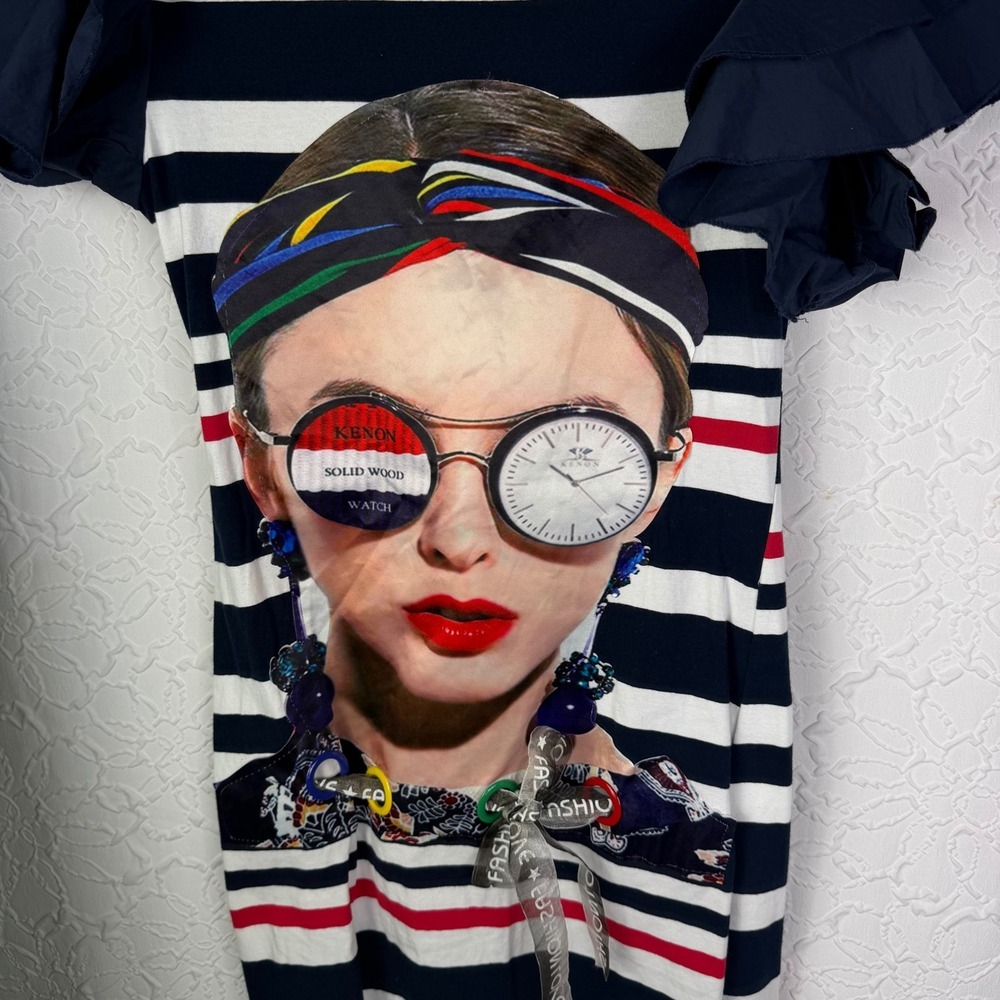MUY MUY Fancy Collection Women's Striped Graphic T Shirt Dress Ruffle Sleeve - Picture 3 of 7